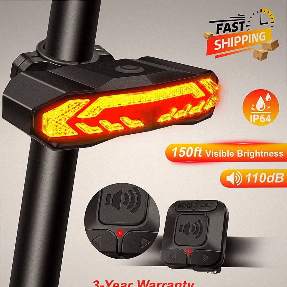 Anti-Theft Bike Tail Light 110dB 7-Level Vibration Alarm Turn Signals/Horn Safe