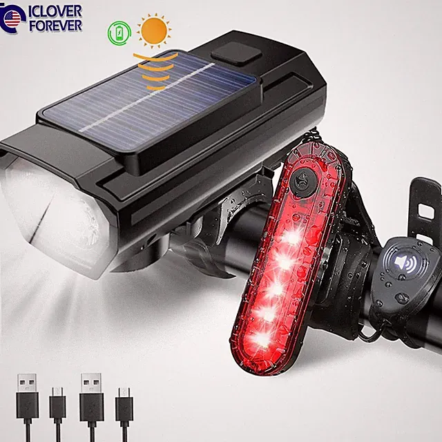 Bike Headlight Taillight Horn Set Solar & USB Charging for Running Night Riding