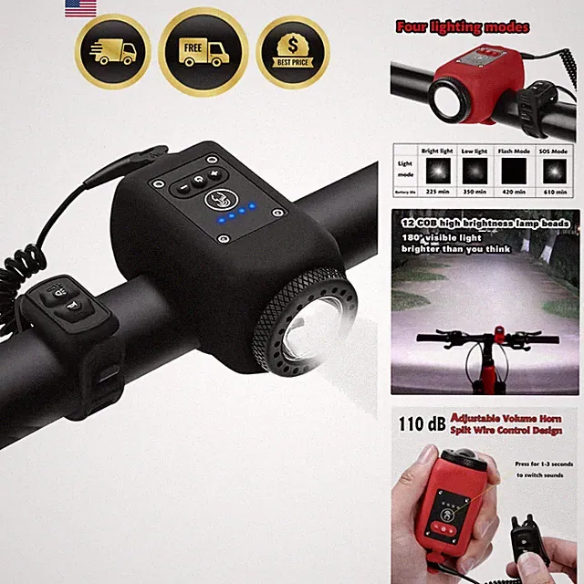 Electric Bike Horn Bike Light 2 in 1; 110 dB Bicycle Horn 5 Sound Modes with...