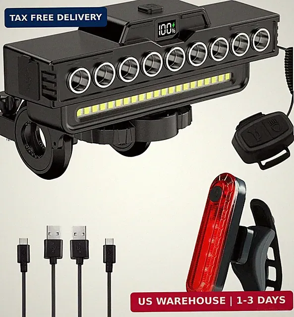 Rechargeable Waterproof Bicycle Headlight with Horn, 9 LEDs and 7 Modes, IPX5 Wa