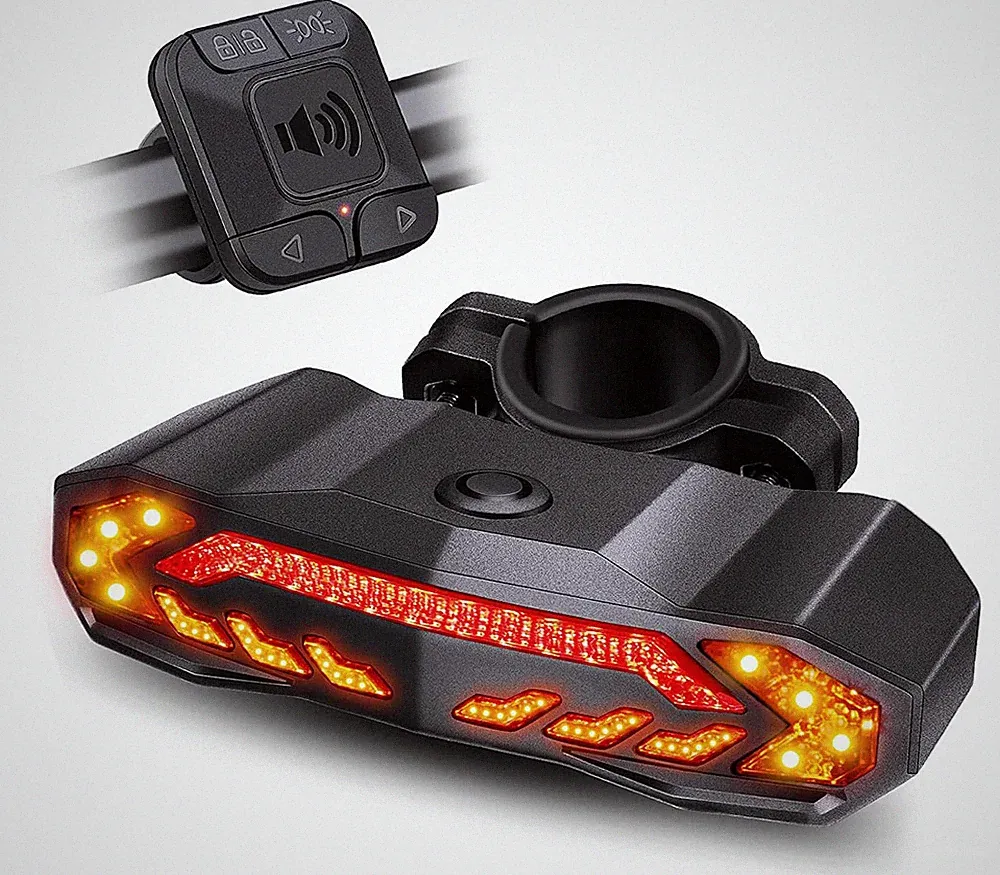 USB Rechargeable Bike Scooter Anti Lost Alarm Loud Horn Turn Signal Rear Light