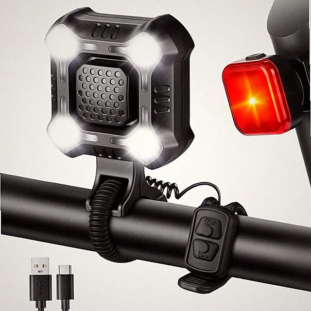 WSDCAM 140dB Bike Horn with Front and Rear Light, 2in1 Bicycle Bell Control Swit